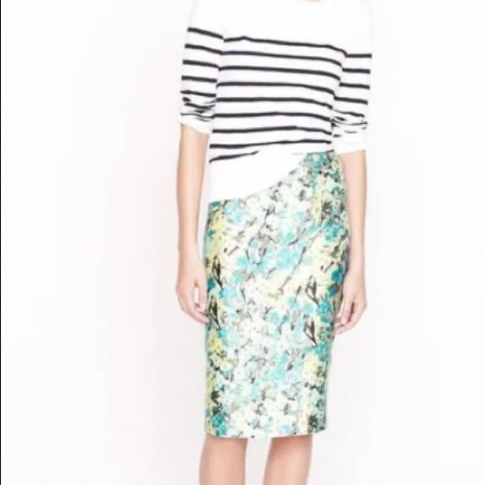 J. Crew Silk Wool Floral Pencil Straight Skirt Women's 10 Green Yellow Knee NWT
